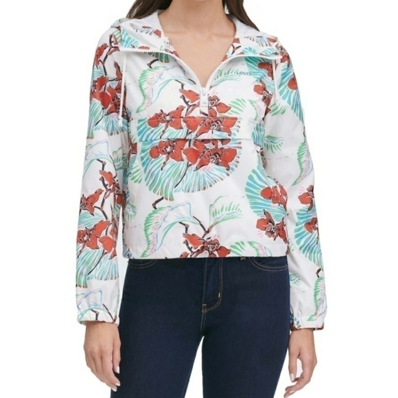 LEVI'S Tropical Hawaiian Floral Flower  White Windbreaker Hooded Jacket Size L - Picture 1 of 12